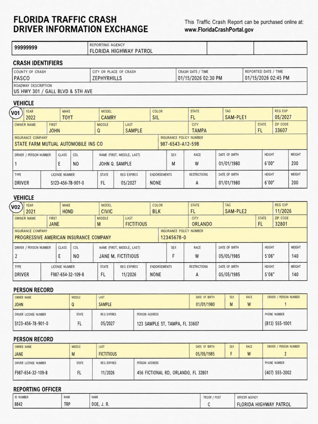 Sample Driver Information Exchange form. Fictitious information. Not an actual crash record.